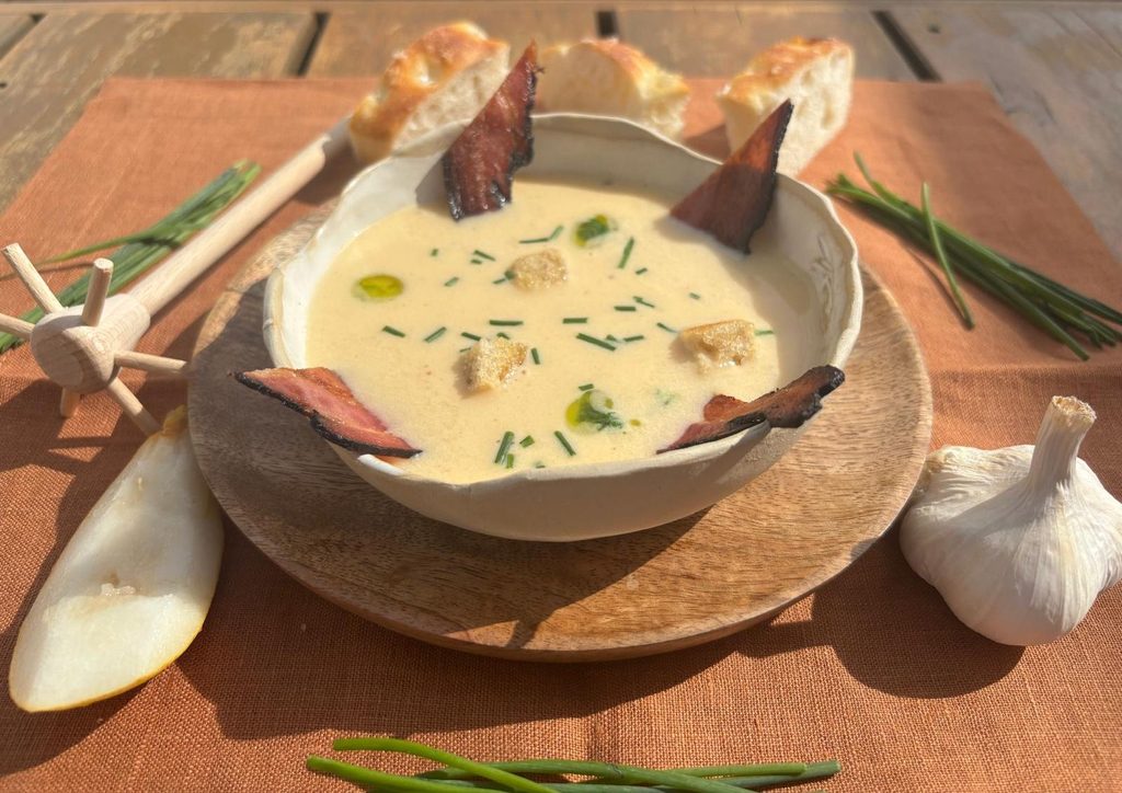 Slovak Demikát – Creamy Bryndza Soup with Bacon and Chive Oil