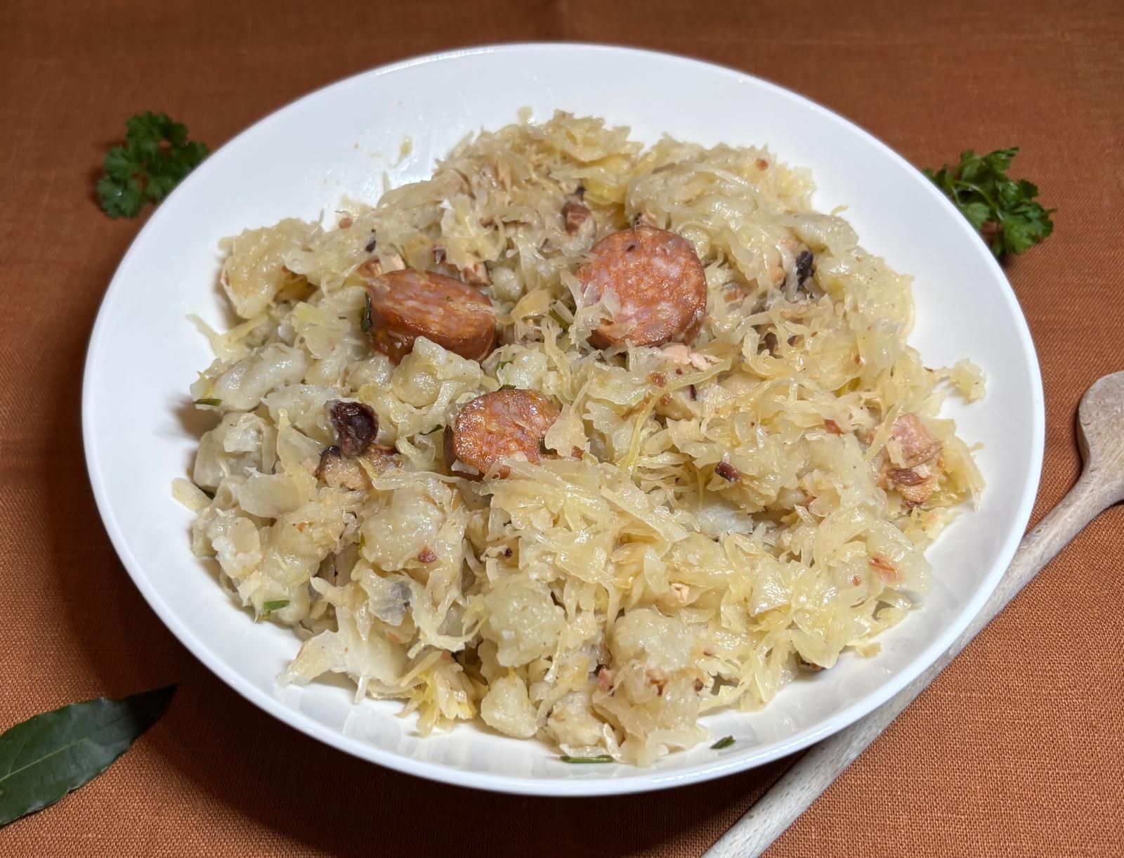 Slovak strapačky with sauerkraut, bacon and smoked sausage