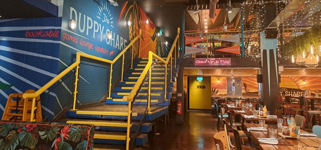 Colourful interior of Turtle Bay Caribbean restaurant in Manchester